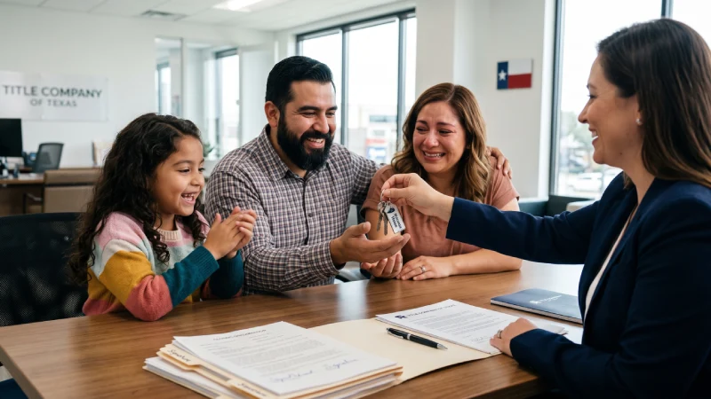 Familia hispana recibiendo las llaves de su casa en una oficina de compañía de títulos en Texas