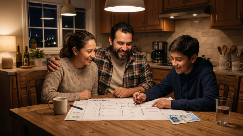 Familia hispana de estatus mixto revisando planos, uniendo su número ITIN y Seguro Social (SSN) para comprar casa en Texas