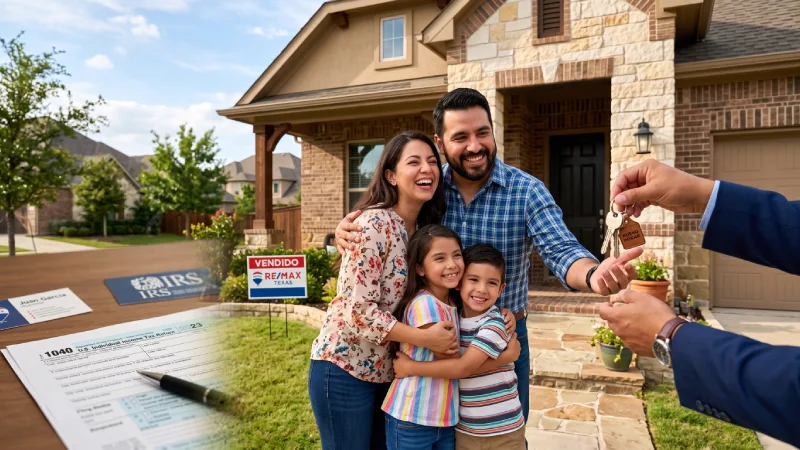 Familia hispana feliz recibiendo las llaves de su casa comprada con ITIN en Texas, demostrando que el IRS no reporta a Inmigración